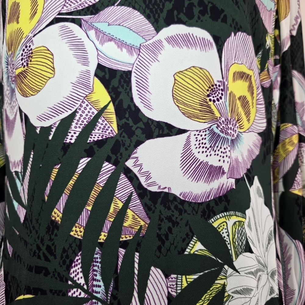 REISS Floral Midi Dress Green Orchid Print Keyhole Long Sleeve US 12 - Picture 5 of 13
